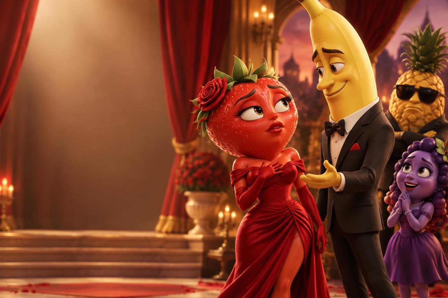 Personagens de frutas em uma cena de novela